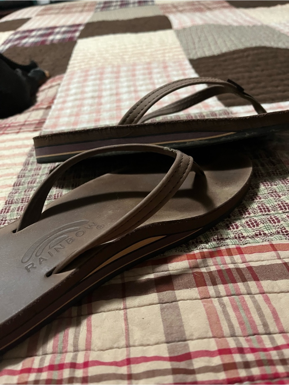 Rainbow Brown Leather-Look Flip Flop Sandals with Subtle Stripe Midsole